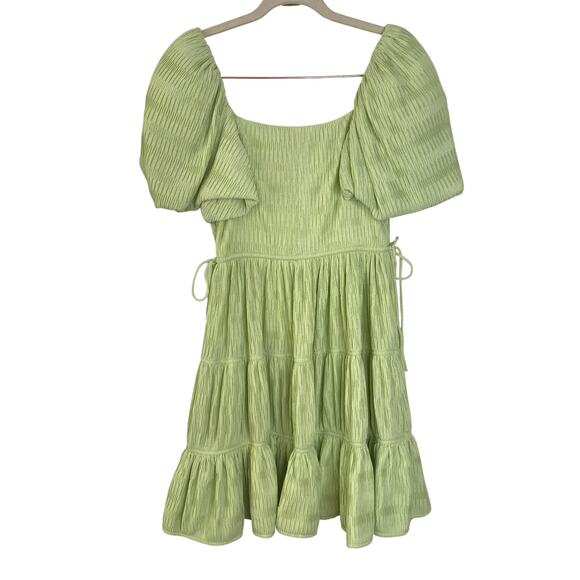 Jonathan Simkhai Cadence Plisse Dress Puff Sleeve Tiered Coastal Prairie Sz 2 - Picture 9 of 11